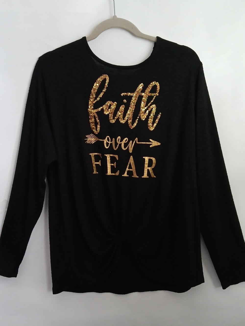 Faith Over Fear Black Long-Sleeve Top with Gold Foil
